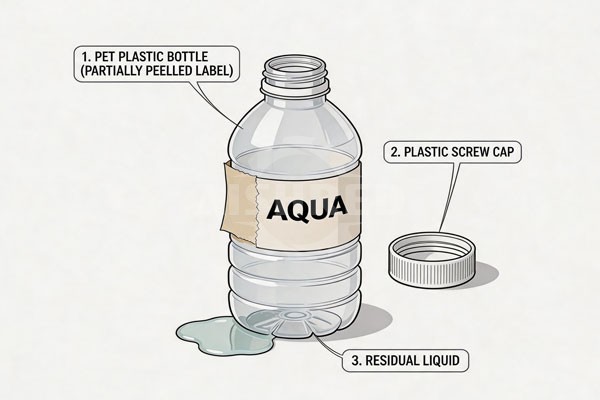 Esquema de la composición del material de las botellas de PET antes de su trituración
