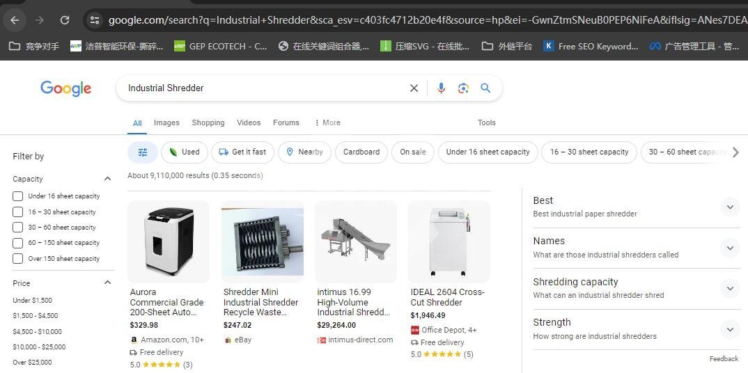 La página de resultados de búsqueda de Google confunde trituradoras industriales y trituradoras de papel